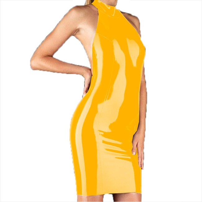 23 Colors Charming Backless Mini Dress Women Halter Sleeveless Vestido Summer Wetlook PVC Clubwear Simple Skinny Short Dress