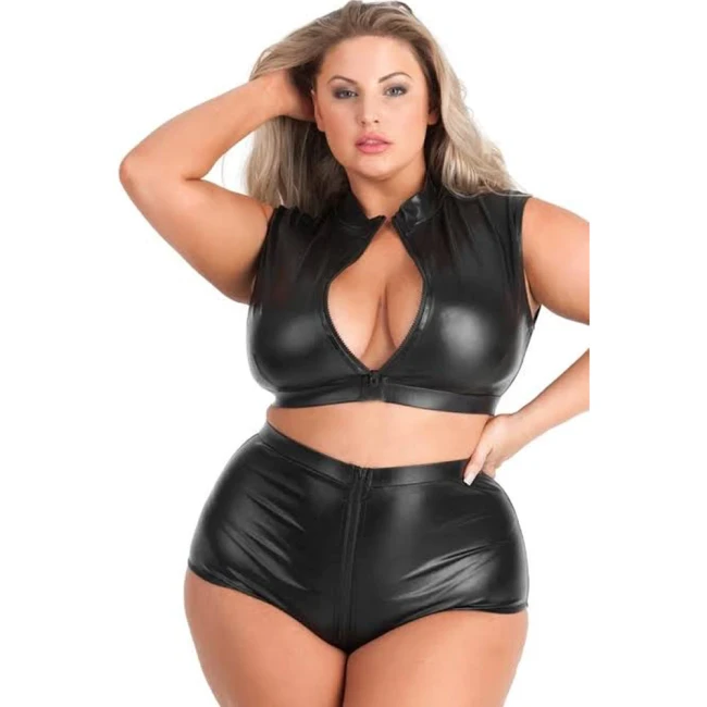 20 Colors Shiny Metallic Dancing Suit Women Zipper Open Bust Buttock Design Costume Sexy Crop Top With Hot Crotchless Shorts