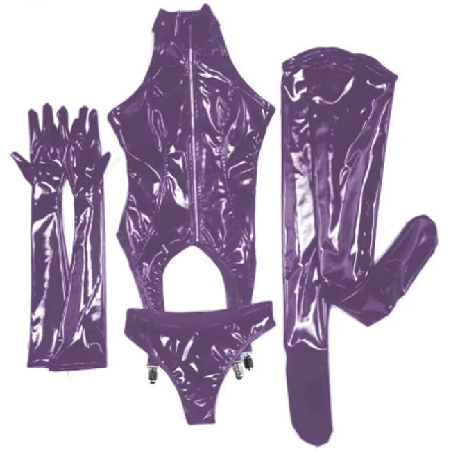 Women Sexy PVC 4 PCS Bodysuit Bodycon Sexy Lingerie Set PVC Catsuit Halloween Party Costume Top+ Pant+Gloves+Stockings S-7XL