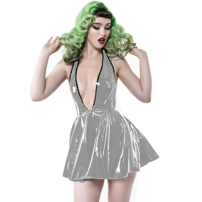 Women Clubwear Sexy Deep V-neck Mini Dress High Quality Sleeveless Stripper Dress Exotic Vinyl Leather Gothic backless Dress