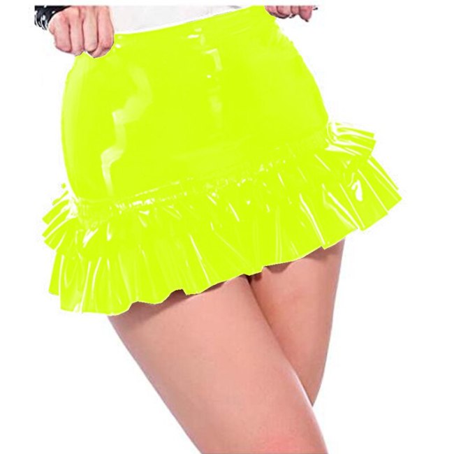 Sexy pink Mini Skirts Ladies Leather Party Clubwear PVC Leather Pole Dance Sexy Costumes Pencil  punk pleated Ruffles mini skirt
