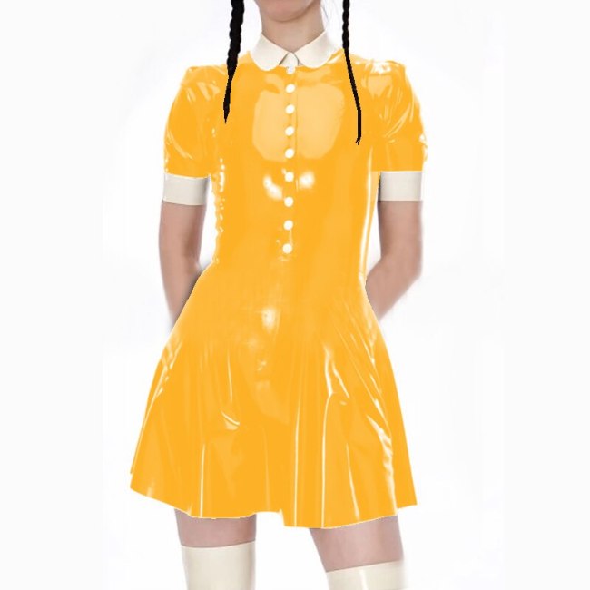 Hot Sale Sweet College Female Turndown Collar Fashion Leather A-Line Dress Casual Short Sleeve Mini Dress Sexy Buttons PVC Dress