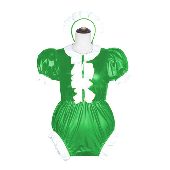 23 Colors Puff Short Sleeve Maid Cosplay Costume Sexy Wetlook PVC Bodysuit Women High Cut Jumpsuit Novelty Stage Fancy Dress