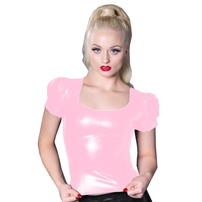 23 Colors Elegant Solid Color Shirts Women Summer Sexy Puff Short Sleeve Pullover Ladies Wetlook PVC Scoop Neck Bodycon Tops