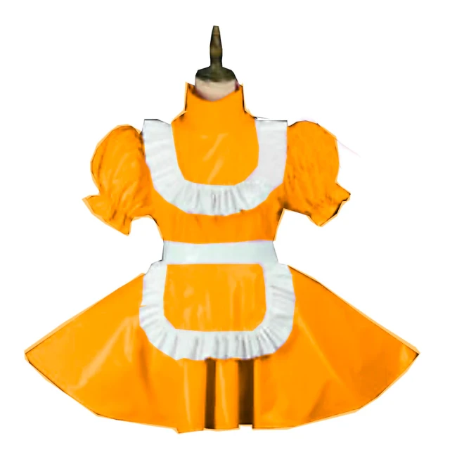 Plus Size Vintage Puff Short Sleeve Maid Dress Retro High Neck PVC Glossy Lady Lolita Mini Pleated Dress Cosplay Party Uniform
