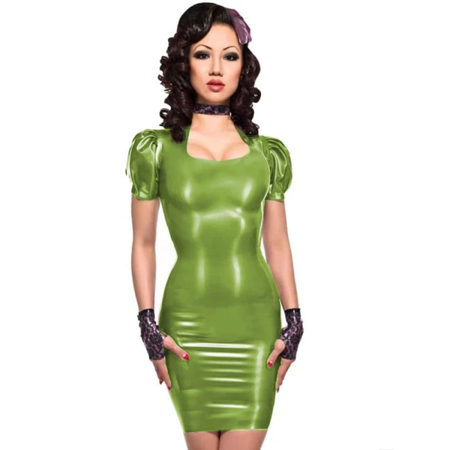 Plus Size Women Gorgeous Skinny Mini Dress Gothic PVC Wet Look Square Neck Back Zipper Vestido Glossy Short Puff Sleeve Dress