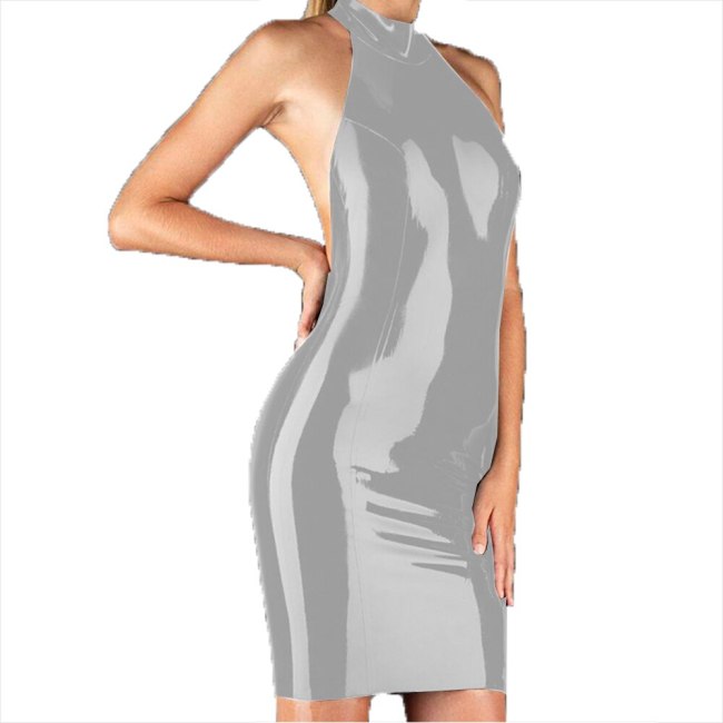 23 Colors Charming Backless Mini Dress Women Halter Sleeveless Vestido Summer Wetlook PVC Clubwear Simple Skinny Short Dress