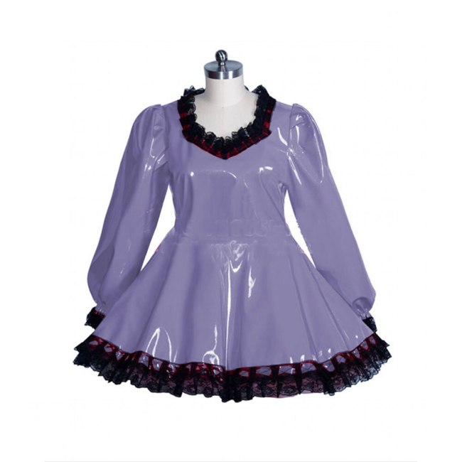 Cute Women's Lolita PVC Dress Sweet Black Lace A-line Vinyl Dress Lockable Maid Uniform Gothic Plus Size Long sleeve Sissy Dress
