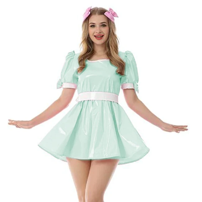 New Arrival Sissy Dress Sweet PVC Mini Dress Vinyl Short SleeveTank Neck Dress with Bow Plus Size Lolita Halloween Costume