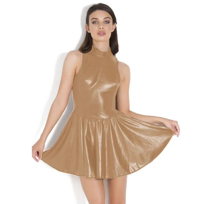 Skater Leather Dress Plus Size A-line Metallic Dress Summer Sleeveless Bottom Flare Mini Dresses Vintage Wet Look Dress Vestidos