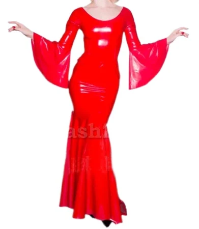 Long Sleeve PVC Mermaid Dress Women Sexy  Long Dress Vintage Party Performance Party  Mopping Skirt Halloween Dress