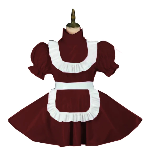 Plus Size Vintage Puff Short Sleeve Maid Dress Retro High Neck PVC Glossy Lady Lolita Mini Pleated Dress Cosplay Party Uniform