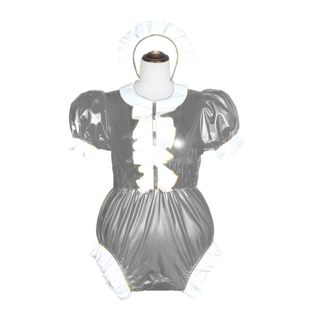 23 Colors Puff Short Sleeve Maid Cosplay Costume Sexy Wetlook PVC Bodysuit Women High Cut Jumpsuit Novelty Stage Fancy Dress