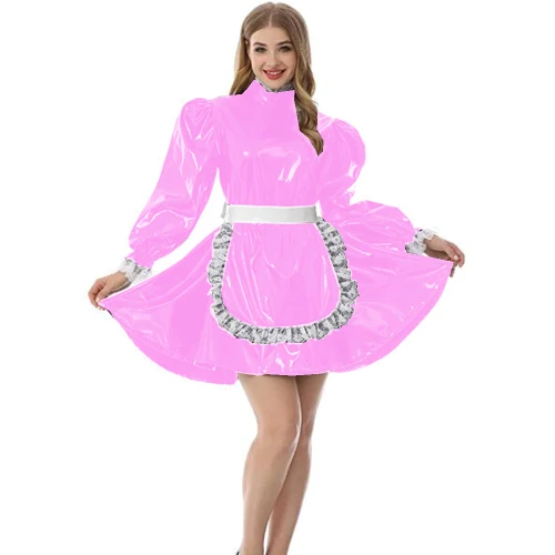 PVC Lovely Puff Sleeve Adult Maid Dress Elegant Kawaii Lolita Gothic Sissy Dress Party Halloween Costume XS-7XL Lockable Dresses