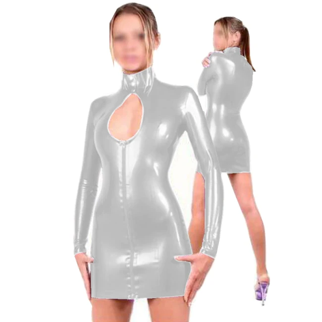 Plus Size Ladies Button Neck Zipper Dress Keyhole PVC Long Sleeve Mini Dress Sexy Party Clubwear Novelty Pencil Vestido