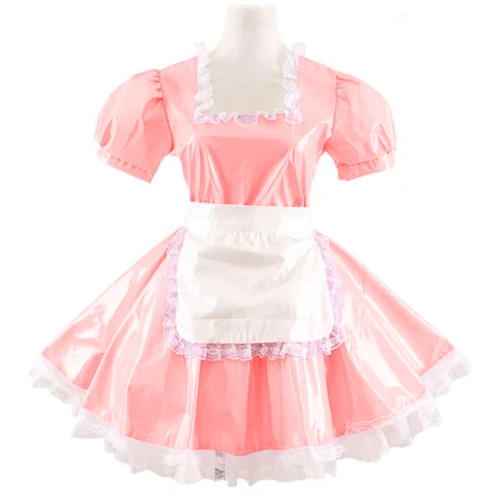 Women Adults Sissy Cosplay Costume Square Neck Lace Dress with Apron Lolita PVC Short Sleeve A-line Mini Maid Pleated Dress