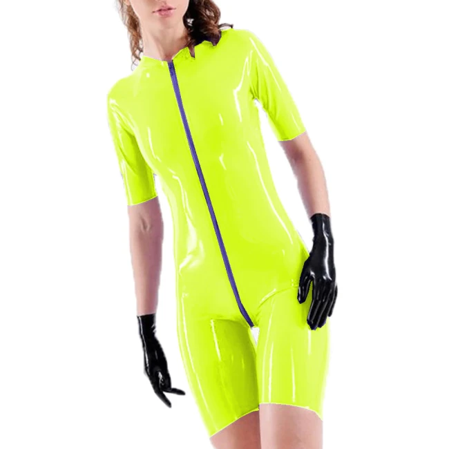 Women Short Sleeve Solid Color Romper Clothing Bodysuit Faux  Leather Stretch  Bodycon Open Crotch Zipper Wet Look PVC Jumpsuit