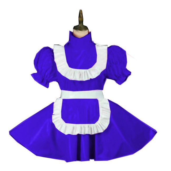 Plus Size Vintage Puff Short Sleeve Maid Dress Retro High Neck PVC Glossy Lady Lolita Mini Pleated Dress Cosplay Party Uniform
