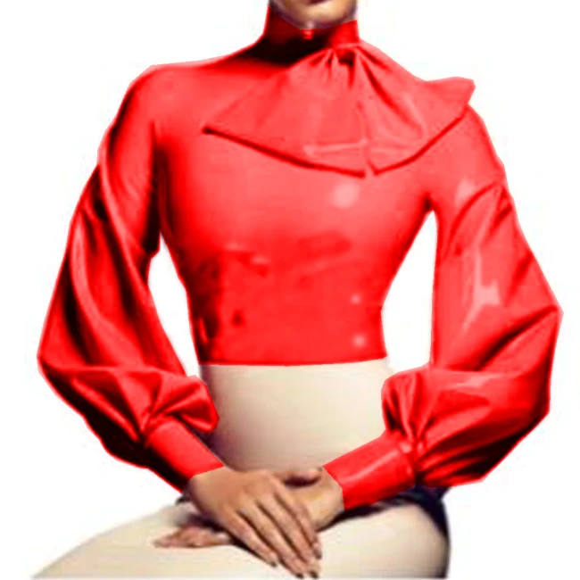 High-End Leather pvc Professional top Women New Fashion Stand Collar Bow Work Tops 2021 New lady Elegant Women long-sleeved Tops