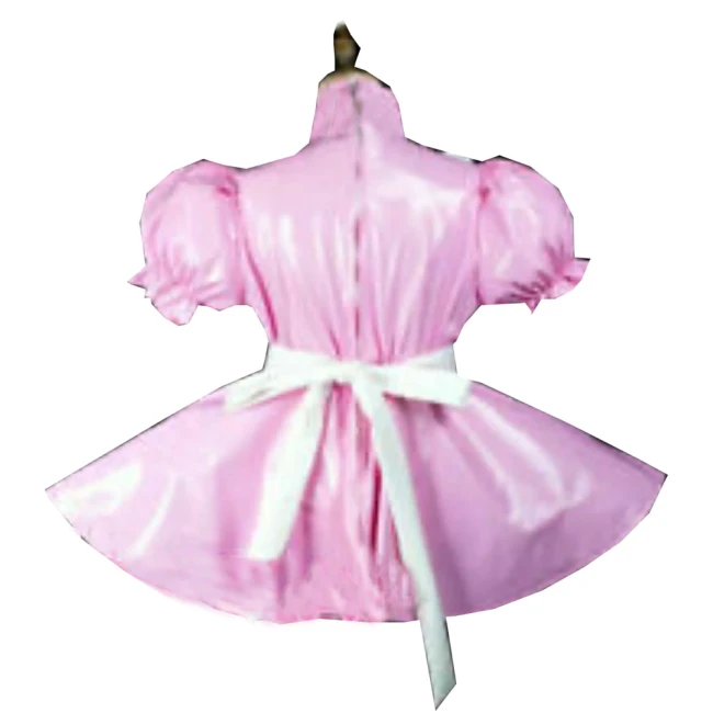 Plus Size Vintage Puff Short Sleeve Maid Dress Retro High Neck PVC Glossy Lady Lolita Mini Pleated Dress Cosplay Party Uniform