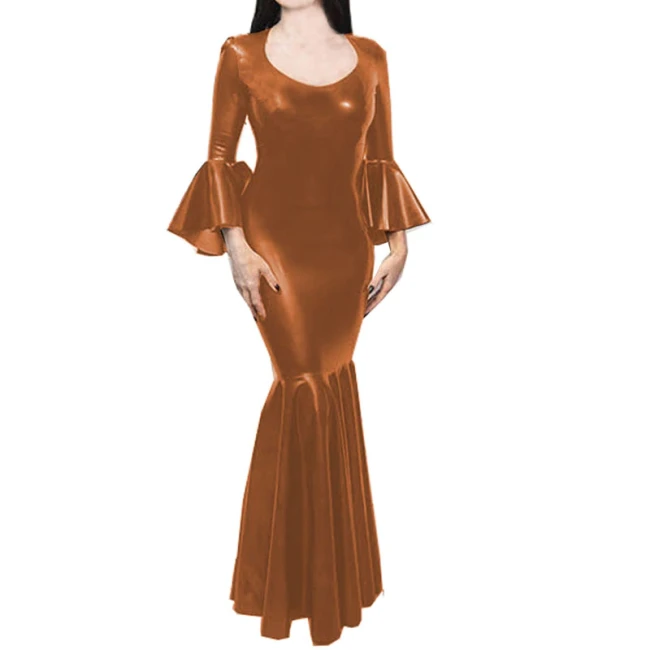Lady Mermaid Leather PVC Deep O Neck Evening Flare Sleeve Fishtail Dress 2021 Hot Party Night Club Robe Vestidos plus size S-7XL