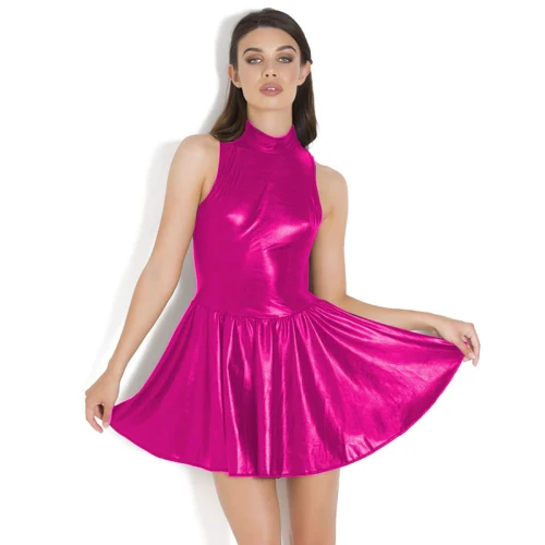 Skater Leather Dress Plus Size A-line Metallic Dress Summer Sleeveless Bottom Flare Mini Dresses Vintage Wet Look Dress Vestidos