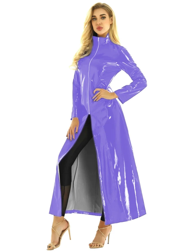 High Quality Long Sleeve PVC Pleated Front Zipper Sexy Clubwear Ladies Party Costume Pull the wind Gown gothic korean club dress