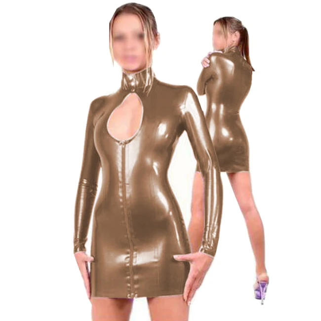 Plus Size Ladies Button Neck Zipper Dress Keyhole PVC Long Sleeve Mini Dress Sexy Party Clubwear Novelty Pencil Vestido