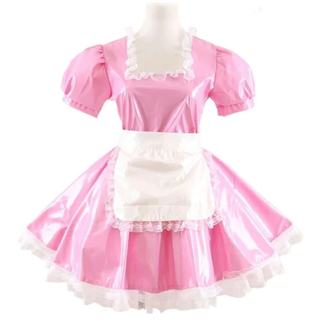 Women Adults Sissy Cosplay Costume Square Neck Lace Dress with Apron Lolita PVC Short Sleeve A-line Mini Maid Pleated Dress