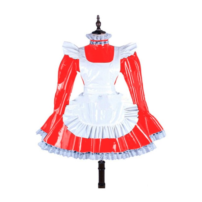 Plus Size Lace Trim Lovely Maid Mini Dress Women Long Sleeve A-line Dress With White Apron Halloween Valentine Cosplay Costume