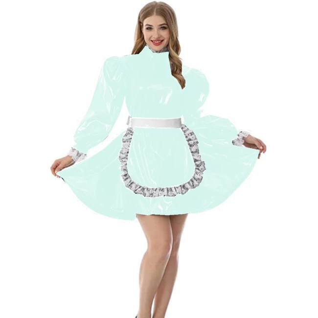 PVC Lovely Puff Sleeve Adult Maid Dress Elegant Kawaii Lolita Gothic Sissy Dress Party Halloween Costume XS-7XL Lockable Dresses
