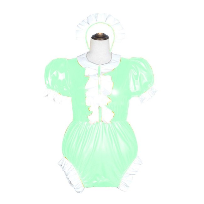 23 Colors Puff Short Sleeve Maid Cosplay Costume Sexy Wetlook PVC Bodysuit Women High Cut Jumpsuit Novelty Stage Fancy Dress