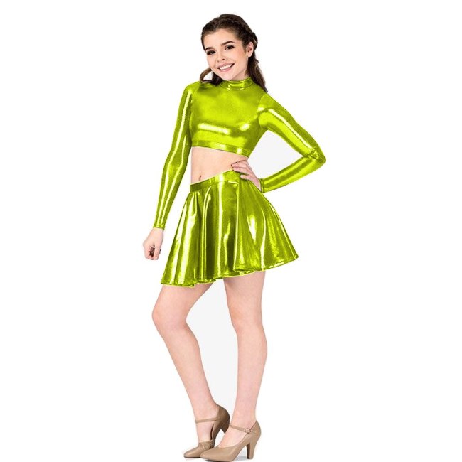 Plus Size Sexy Two Piece Matching Sets Women Club Party Dancing Outfits Long Sleeve Crop Top And Low Waist Pleated Mini Skirt