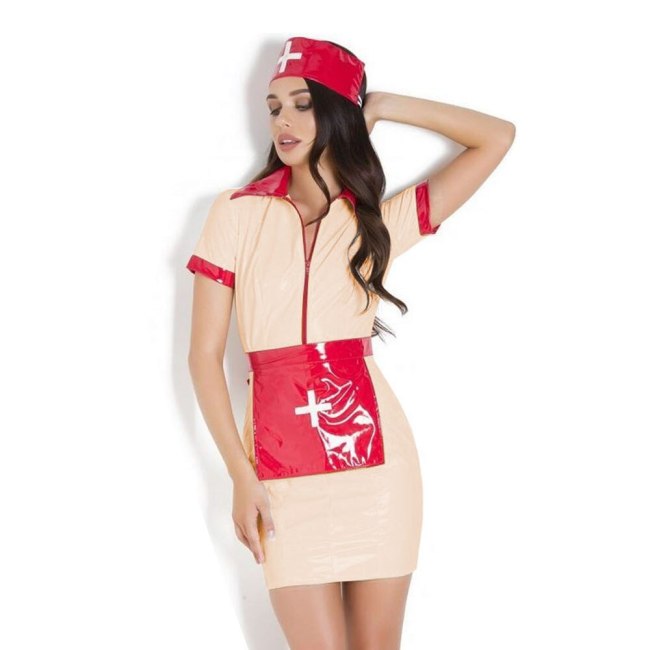 23 Colors New Nurse Cosplay Suit Sexy Fancy Dress With Headwear Apron Wetlook PVC Costume Ladies Themed Party Uniform