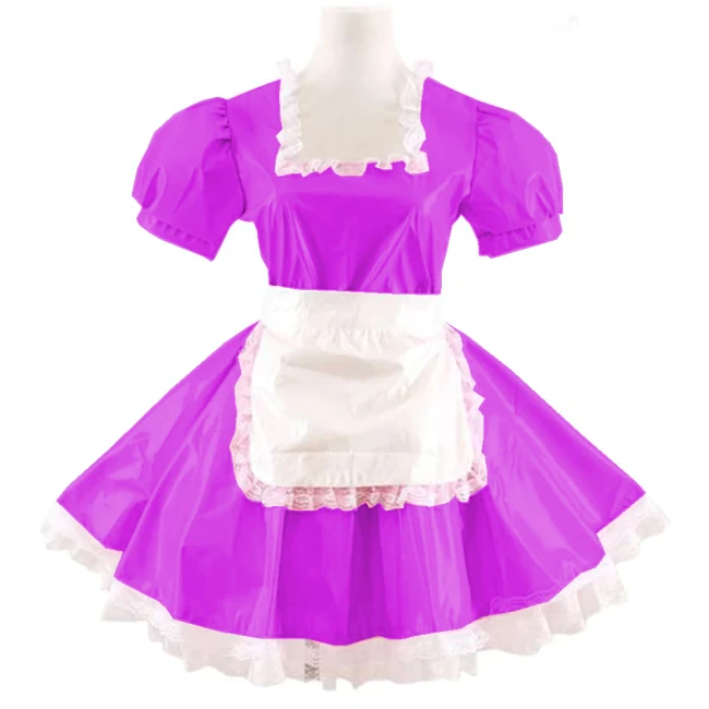Women Adults Sissy Cosplay Costume Square Neck Lace Dress with Apron Lolita PVC Short Sleeve A-line Mini Maid Pleated Dress