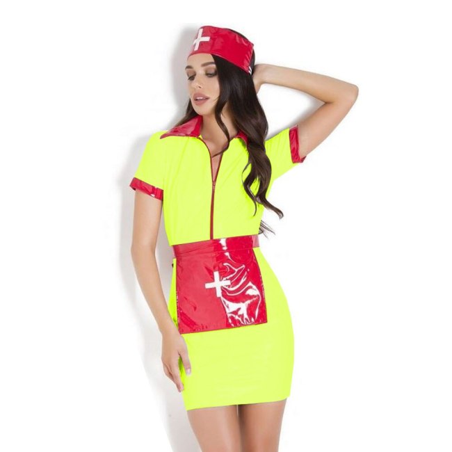 23 Colors New Nurse Cosplay Suit Sexy Fancy Dress With Headwear Apron Wetlook PVC Costume Ladies Themed Party Uniform