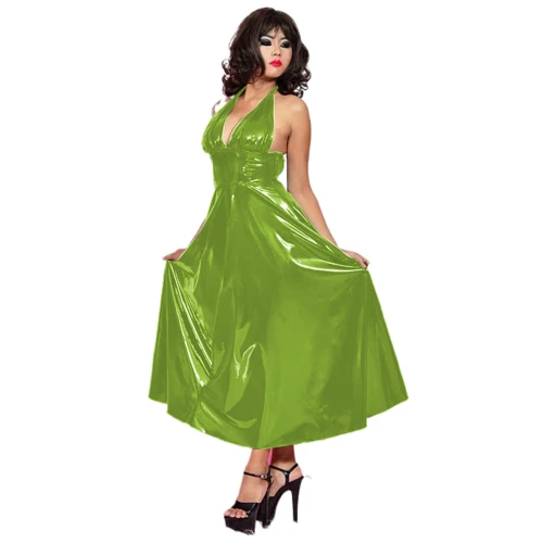 Plus Size Gorgeous Lady Dancing Party Robe Sexy Halter Backless Deep V-neck Long Dress Vintage PVC Slim Waist Ankle-length Dress
