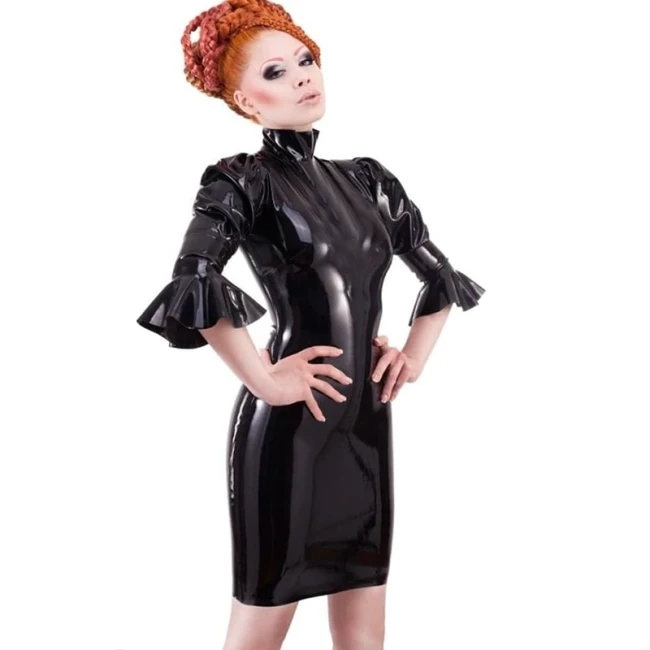 Women Flare Sleeve Bodycon Dress Wet Look Shiny PVC Faux Latex Package Hip Clubwear Plus Size Women Pole Dance Zipper  Dress 7XL