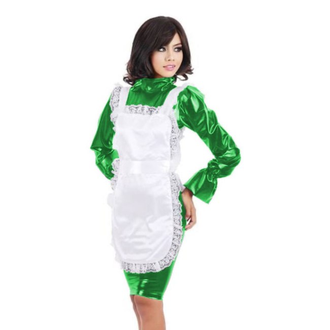 Plus Size Flare Long Sleeve Maid Dress High Neck Bodycon Midi Dress Wet Look Lolita PVC Costume Women Sexy Uniform With Apron