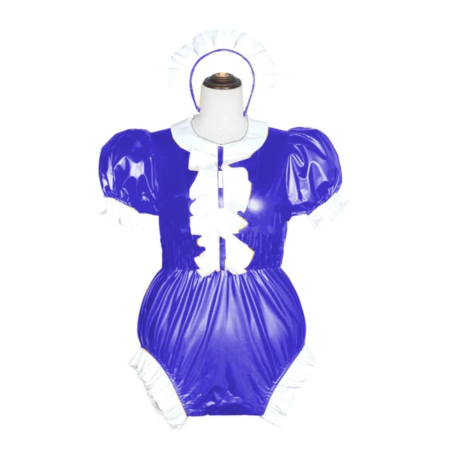 23 Colors Puff Short Sleeve Maid Cosplay Costume Sexy Wetlook PVC Bodysuit Women High Cut Jumpsuit Novelty Stage Fancy Dress