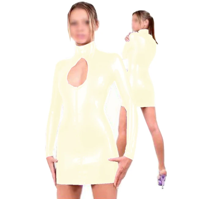 Plus Size Ladies Button Neck Zipper Dress Keyhole PVC Long Sleeve Mini Dress Sexy Party Clubwear Novelty Pencil Vestido