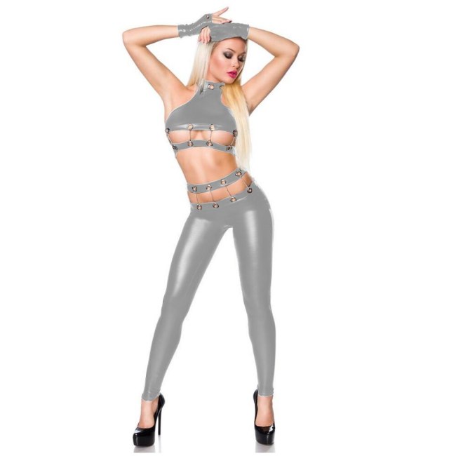 20 Colors Sexy Stage Performance Costume Ladies Punk Eyelet Metal Chain Crop Top With Skinny Pants Novelty Belly Dancing Uniform
