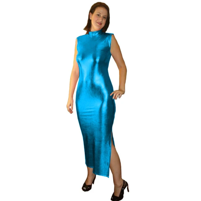 Plus Size Sleeveless Metallic Stretchy Long Pencil Dress Women Elegant Split Qipao Summer One-Piece Vintage Evening Party Gown