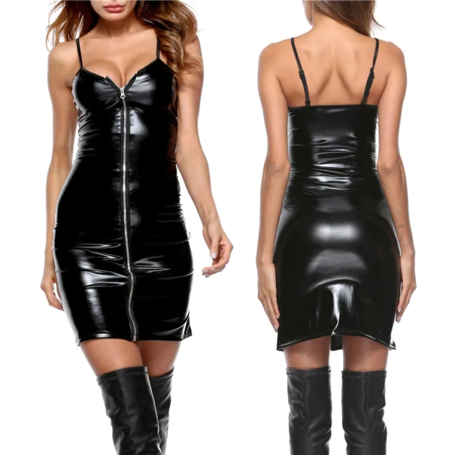 Women Faux PU Leather Dresses Deep Vneck Zippers High Elasticity Dress Sexy Club Party Oversize Fashion Office Lady Dress M0129