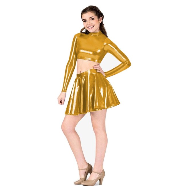 Plus Size Sexy Two Piece Matching Sets Women Club Party Dancing Outfits Long Sleeve Crop Top And Low Waist Pleated Mini Skirt