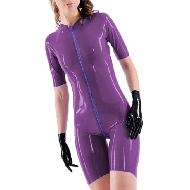 Women Short Sleeve Solid Color Romper Clothing Bodysuit Faux  Leather Stretch  Bodycon Open Crotch Zipper Wet Look PVC Jumpsuit