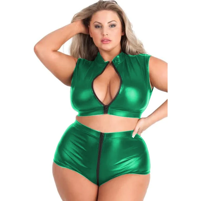 20 Colors Shiny Metallic Dancing Suit Women Zipper Open Bust Buttock Design Costume Sexy Crop Top With Hot Crotchless Shorts