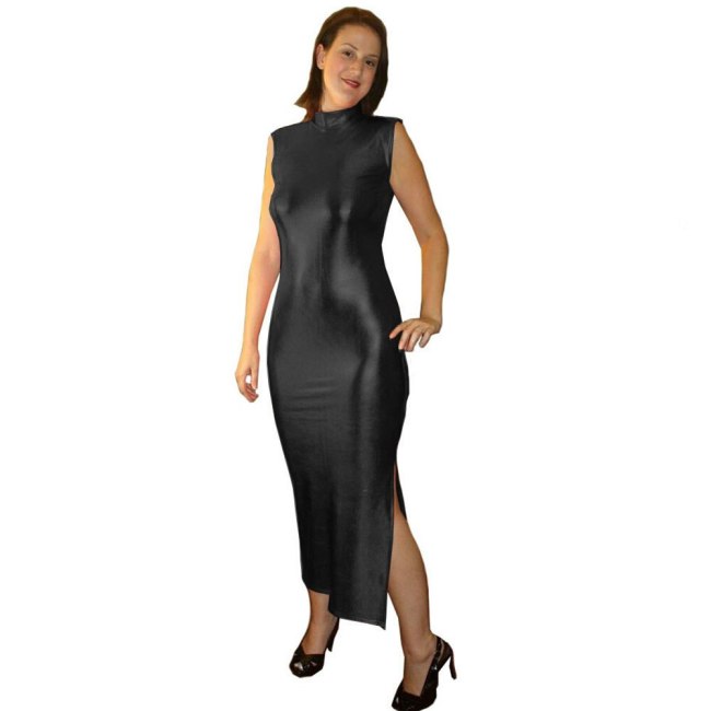 Plus Size Sleeveless Metallic Stretchy Long Pencil Dress Women Elegant Split Qipao Summer One-Piece Vintage Evening Party Gown