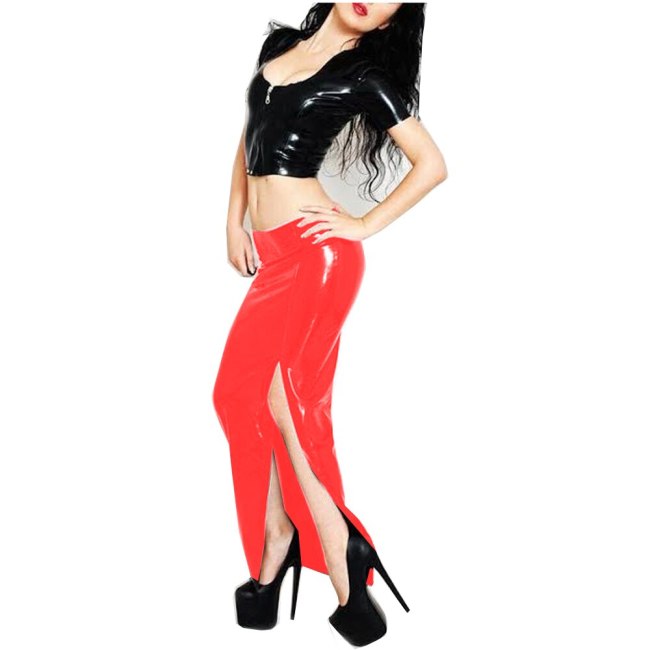 Plus Size Sexy Low Waist Exposed Legs Long Skirt Ladies Club Dancing Costume Novelty One Side Split PVC Ankle Length Skirt