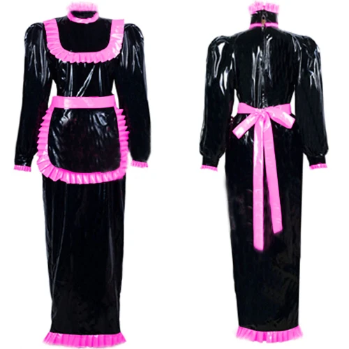Maid dress Cosplay Animation Long Dress 2021 Women Long Sleeves Bodycon dresses Zip boho Leather PVC Party Club Lockable Dresses